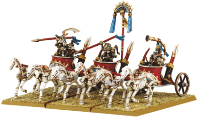 Khemri Kings can make use of the deadly light chariots, smaller and less powerful than normal chariots but able to bunch together into great fleets of wheeled death!